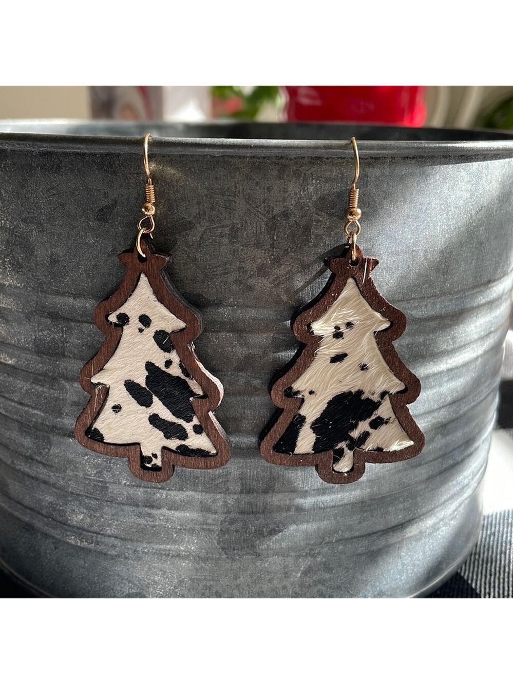Cow print Wood Christmas Tree Earrings